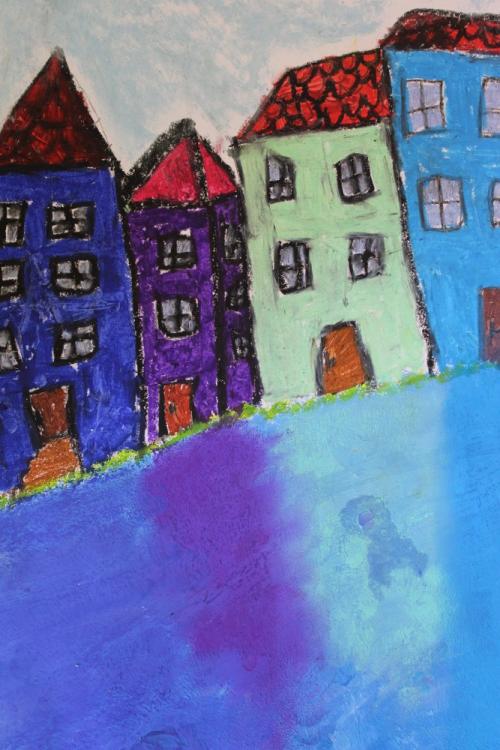 Inspirace naivním uměním, tempera, oil pastel, suchý pastel, 1.-2.roč., práce žáků p.uč.Lagrové